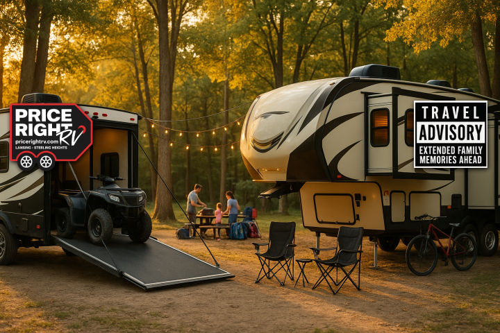 Toy Hauler and Fifth Wheel outdoors in Michigan